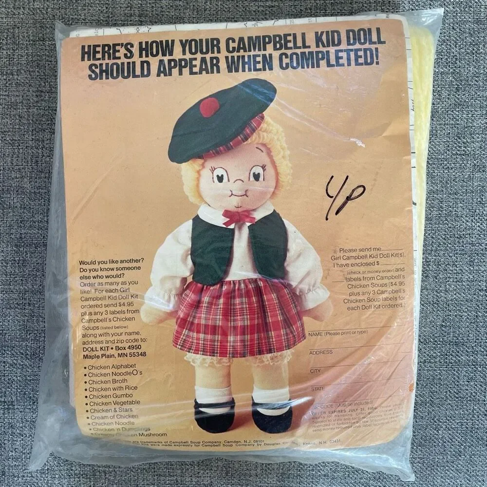 Vintage NIP NOS New 70s Campbell’s Soup Campbell Kid Doll Kit Sealed Unassembled
